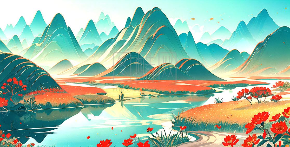 国风山水画 鎏金 色彩 绚丽 多彩 山水 树木  插画