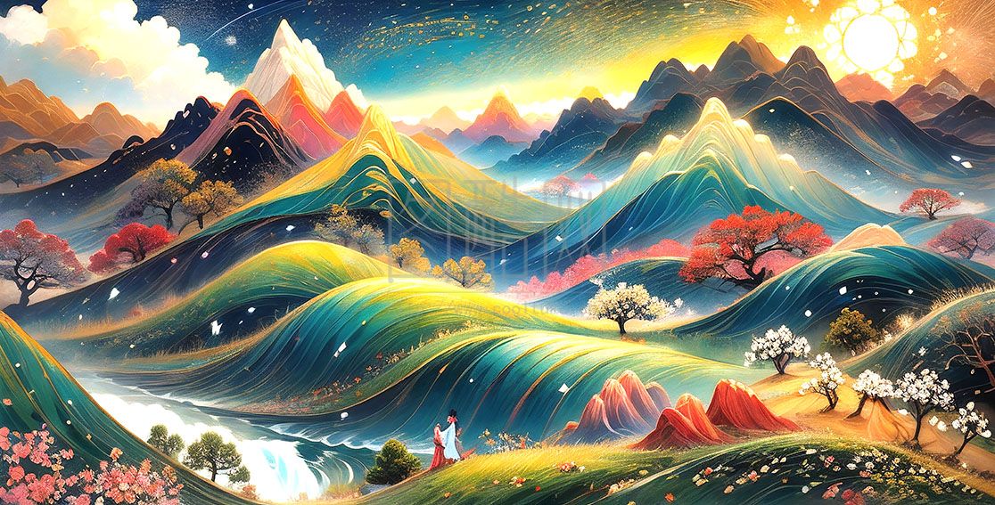 五彩山水画 鎏金 色彩 绚丽 多彩