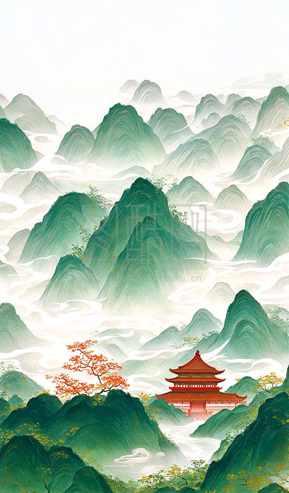 山水插画 国风 建筑 诗意 淡雅