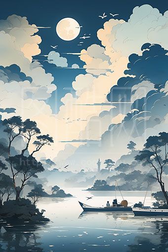 山水插画 国画 月亮 意境
